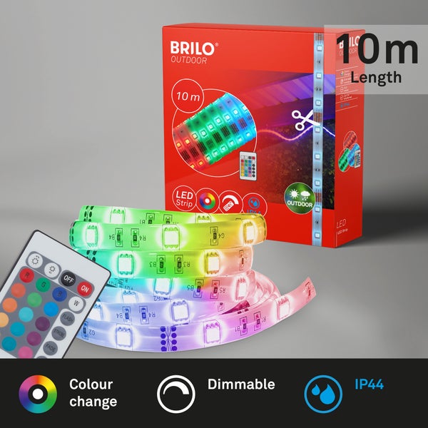 Brilo Outdoor LED Strip 10 Meter mit Farbwechsel, dimmbar, IP44 spritzwassergeschützt, Fernbedienung und Verpackung mit Brilo Outdoor Logo.