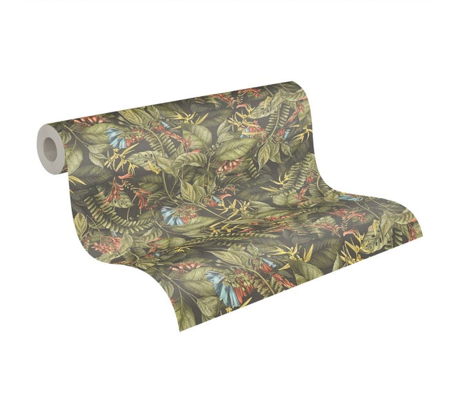 Dunkle Tapete mit Dschungelmotiven aus Blättern und Blüten