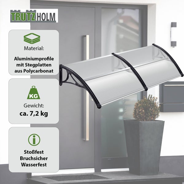 Vordach von Trutzholm aus Polycarbonat Stegplatten mit Aluminiumprofilen und einer Traglast von circa 7,2 Kilogramm vor einer Haustür.