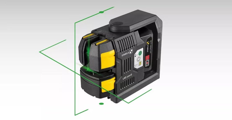 Stabila Kreuzlinienlaser LAX 500 G mit grüner Lasertechnologie für präzise Nivellierarbeiten im Innen und Außenbereich.