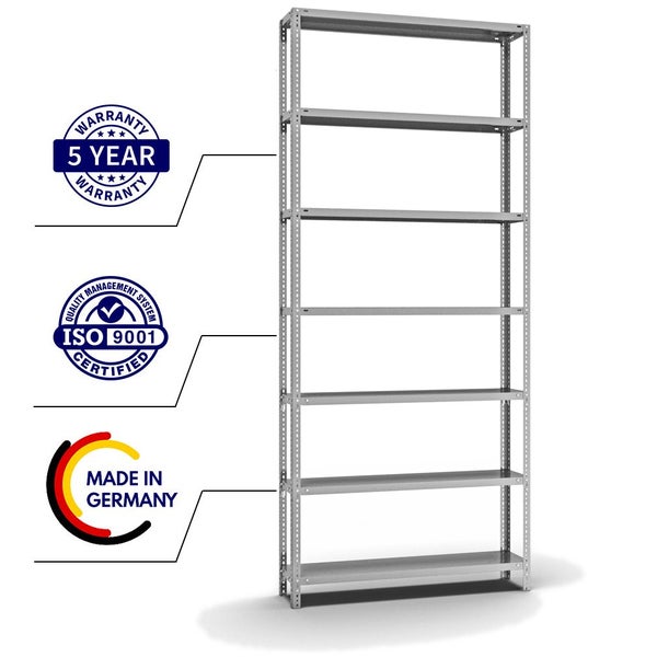 PROREGAL Fachbodenregal Schraubsystem Heavy-Duty Grundregal HxBxT 300 x 130 x 30 cm 7 Ebenen Fachlast 350 kg Beidseitig Nutzbar Verzinkt