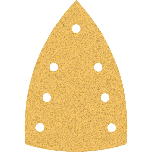 Mann schleift Holz mit einem Schleifgerät und Handschuhen.