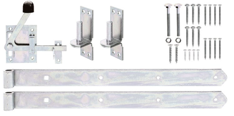 Torband Set mit Torfalle und Scharnieren aus verzinktem Stahl inklusive Befestigungsmaterial für Garten- und Holztore.
