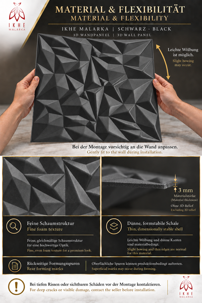IKHE Malarka 3D Wandpaneel mit geometrischem Relief und Materialdetails zur Flexibilität, Beschaffenheit und Montagehinweisen.