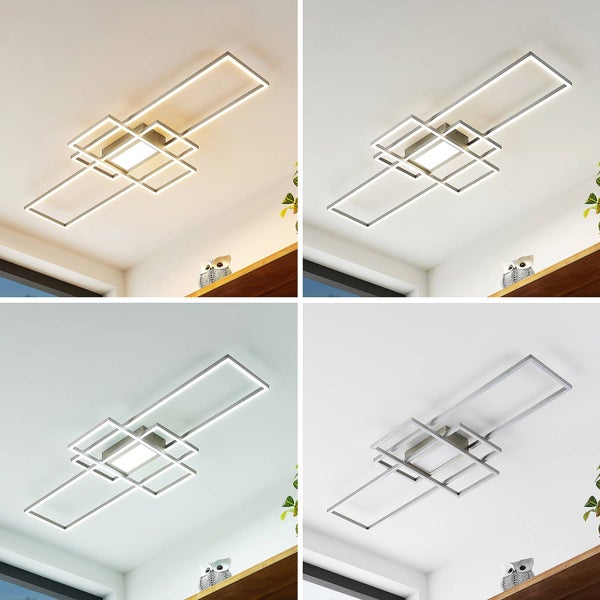 Moderne LED-Deckenleuchte mit rechteckigen Rahmen, gezeigt in verschiedenen Lichtfarben von warmweiß bis kaltweiß sowie ausgeschaltet.