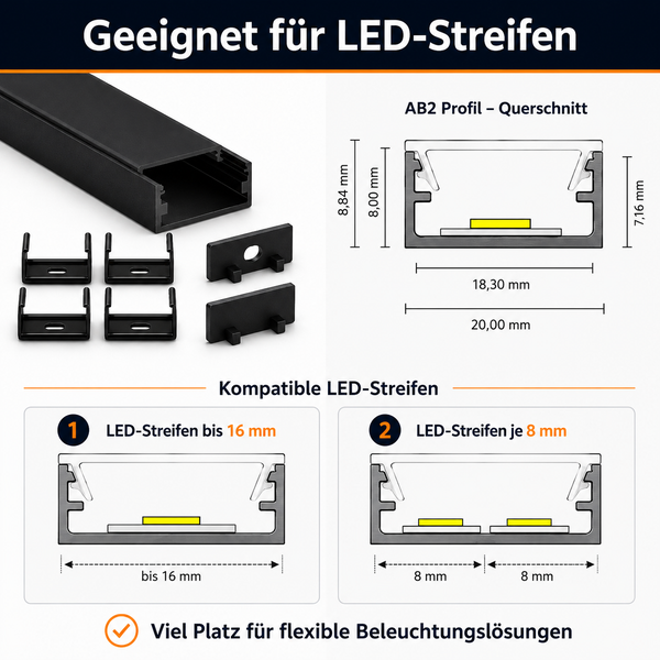AB2 LED Aluminiumprofil mit Halterungen und Endkappen für LED Streifen mit technischer Zeichnung der Maße und Kompatibilitätsangaben.