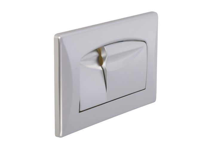 Silberne Betätigungsplatte für die Toilettenspülung mit Zwei-Mengen-Spülung in rechteckigem Design.