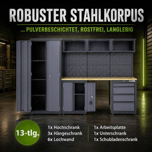 13-teiliges Werkstatt-Schranksystem aus Stahl mit Hochschrank, Wandschränken, Lochwänden, Arbeitsplatte, Unterschrank und Schubladenschrank.