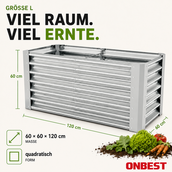 Hochbeet aus Metall mit Wellenstruktur von Onbest, Maße 120 Zentimeter mal 60 Zentimeter mal 60 Zentimeter, Onbest Logo.