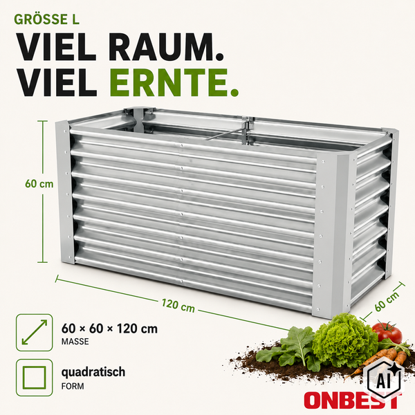 Hochbeet aus Metall mit Wellenstruktur von Onbest, Maße 120 Zentimeter mal 60 Zentimeter mal 60 Zentimeter, Onbest Logo.