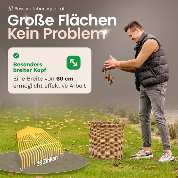 Laubrechen mit 60 Zentimeter breitem Kopf und 26 Zinken für große Flächen, auf einem Rasen mit Mann und Laubkorb dargestellt.