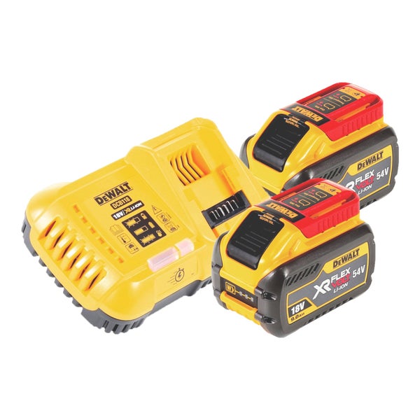 DeWALT Akku-Starter-Set mit Schnellladegerät DCB118 und zwei 54 Volt oder 18 Volt XR FLEXVOLT Lithium-Ionen Akkus mit 9,0 Amperestunden.