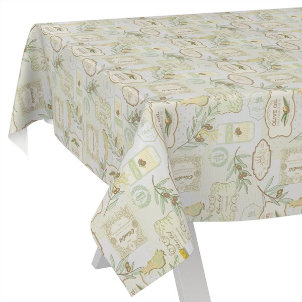 Abwaschbare Tischdecke mit Olivenöl-Etiketten und Olivenzweigen.