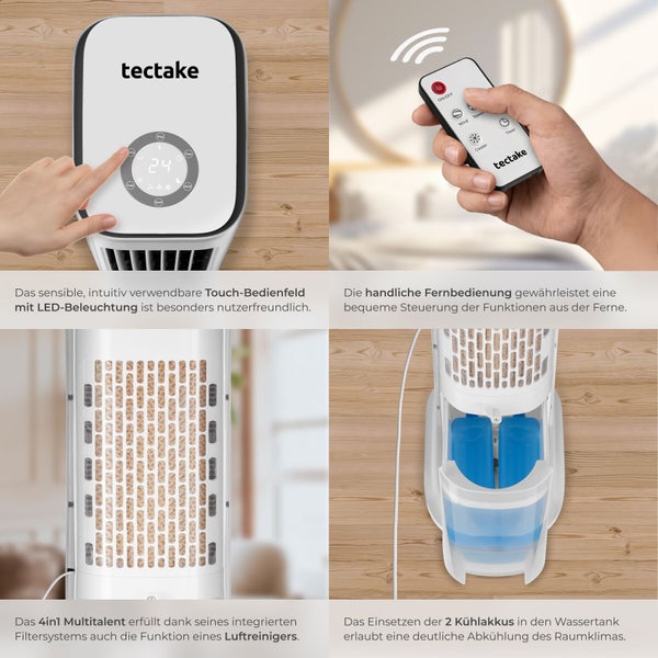 Tectake 4 in 1 Luftkühler mit Touch-Bedienfeld, Fernbedienung, Luftfiltersystem und Wassertank mit zwei Kühlakkus.