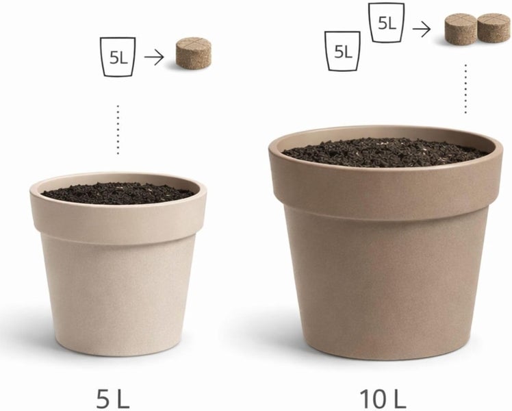 Infografik zur Dosierung von Quellerde: Eine Tablette für einen 5 Liter Blumentopf und zwei Tabletten für einen 10 Liter Blumentopf.