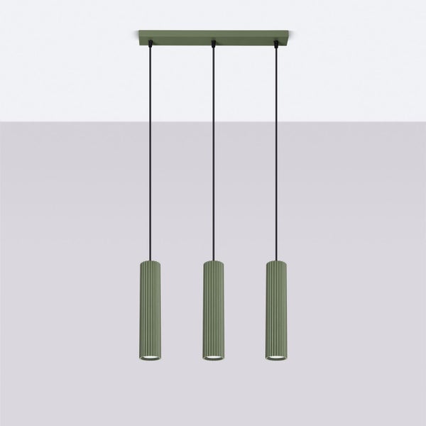 Pendelleuchte mit drei zylindrischen Lampenschirmen und Aufhängung