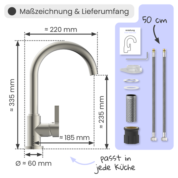 Maßzeichnung und Lieferumfang der Küchenarmatur mit den Maßen 220 mm Breite, 335 mm Höhe, 60 mm Durchmesser, 185 mm Ausladung, 235 mm Höhe des Auslaufs und 50 cm für die Anschlussschläuche