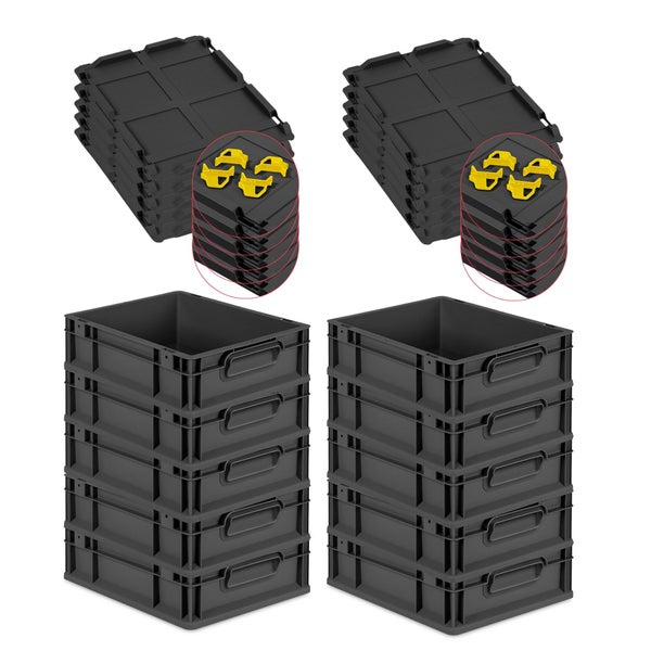 PROREGAL SparSet 10x Eurobox NextGen Grip mit Auflagedeckel inkl. 4 gelben Schiebeschnappverschlüssen, HxBxT 12x30x40cm, 11 Liter, Schwarz, Griffe geschlossen, Eurobehälter, Transportbox, Transportbehälter, Stapelbehälter
