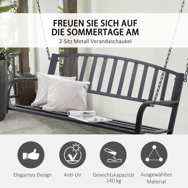Outsunny Hängebank, 2-Sitzer Gartenschaukel mit Ketten,  127 x 60 x 53 cm, Metall, Schwarz