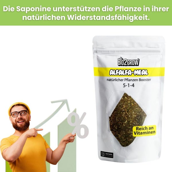Bio2Grow Alfalfa Meal natürlicher Pflanzenbooster Packung mit Mann und Wachstumsgrafik