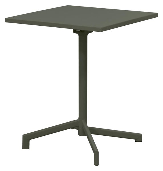Quadratischer Bistrotisch aus Metall für den Garten mit Mittelfuß und Dreifußgestell.