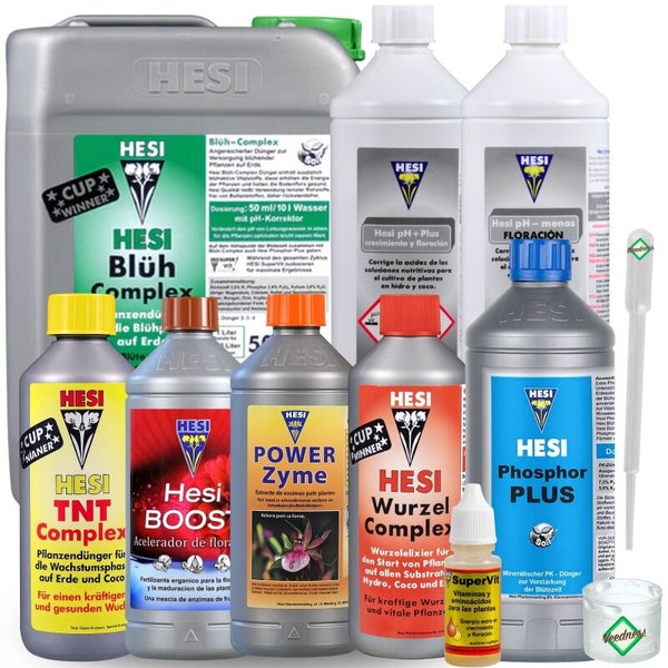 HESI Düngerset bestehend aus TNT Complex, Blüh-Complex, Wurzel Complex, Phosphor Plus, Power Zyme, Boost, SuperVit, pH-Regulatoren und Zubehör.