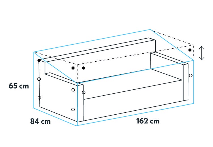 Skizze einer Sofagarnitur mit Maßangaben: 65 cm Höhe, 84 cm Tiefe und 162 cm Breite