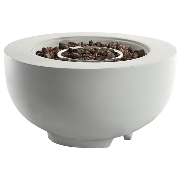 Runde Feuerschale mit glatter Oberfläche und integriertem kreisförmigem Gasbrenner aus Edelstahl.