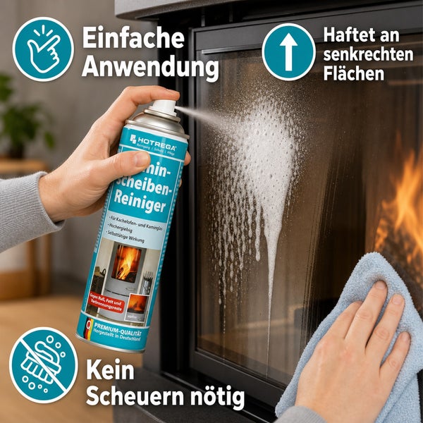 Hotrega Kaminscheibenreiniger Sprühdose für Kamin und Kachelofenglas zur mühelosen Reinigung ohne Scheuern mit haftender Wirkung.