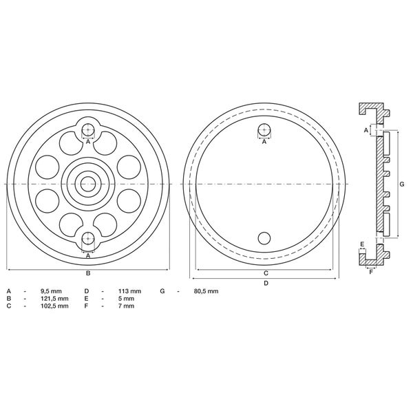 Technische Zeichnung einer runden Platte mit Maßen. Vorder-, Rück- und Querschnittansicht mit Maßen von A bis G in Millimeter.