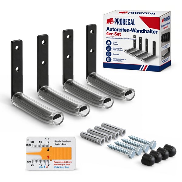 Proregal Autoreifen Wandhalter Set mit vier Stahlhalterungen, Montagematerial und Profiltiefenmesser für die Reifenlagerung in der Garage.