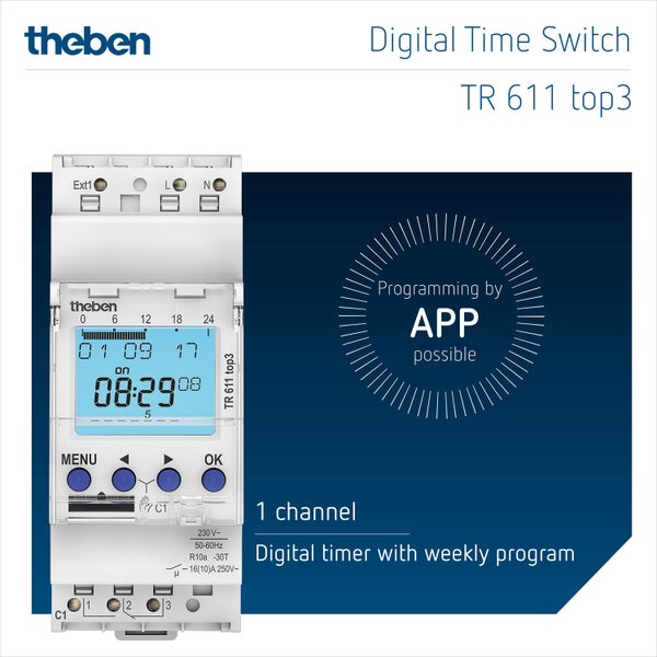 Theben 6110130 TR 611 top3 - Digitale 1-Kanal Zeitschaltuhr mit externem Eingang und App-Programmierung, perfekt für LEDs, Zeitschalter
