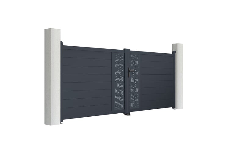 Aluminium Gartentor mit horizontalen Lamellen und dekorativen Aussparungen