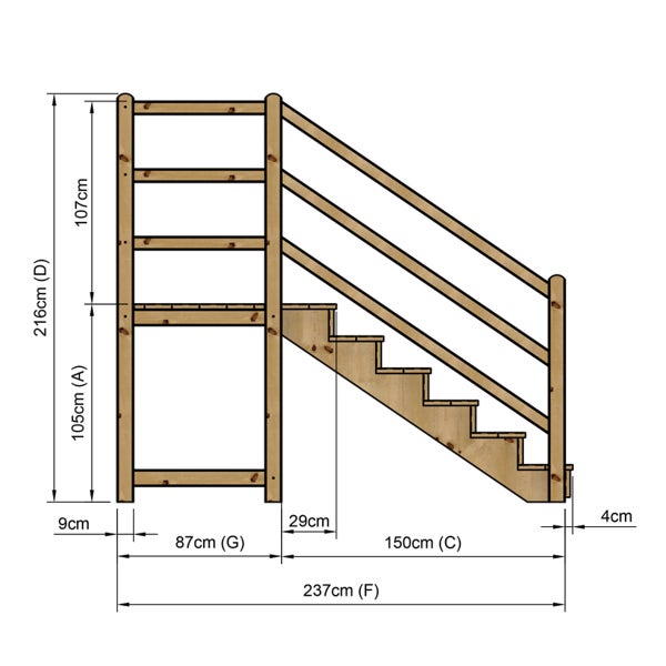 Technische Zeichnung einer Holztreppe mit Maßen