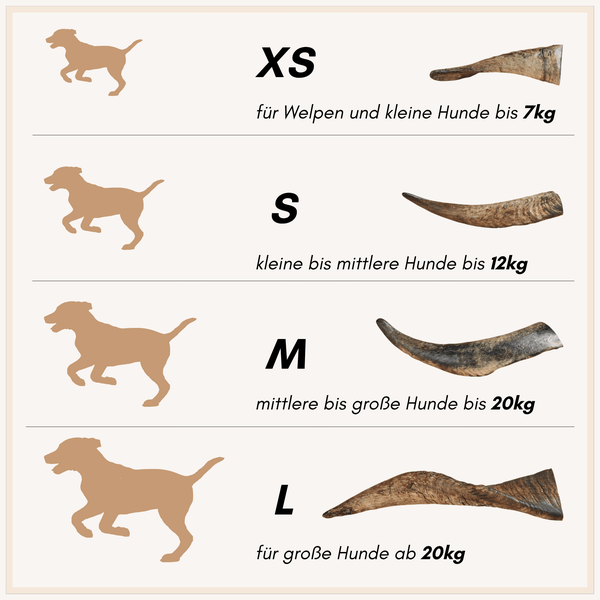 Größentabelle für Hundekauartikel aus Geweih in den Größen XS, S, M und L mit Gewichtsangaben für verschiedene Hunderassen.