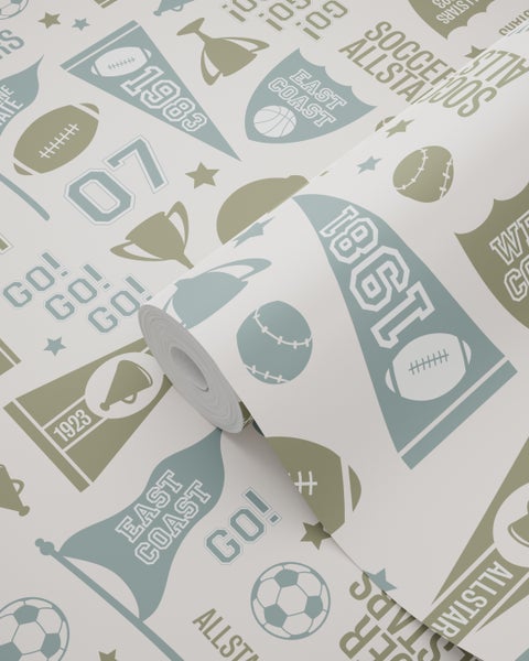 Tapetenrolle mit Sportmotiven wie Bällen, Trophäen und Jahreszahlen