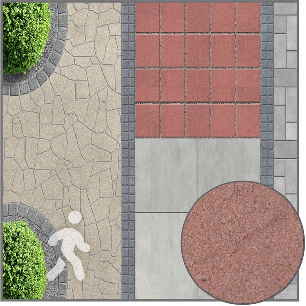 Draufsicht auf verschiedene Pflastersteine und Gartenplatten, darunter Polygonalplatten, rote Steine und graue Betonplatten.