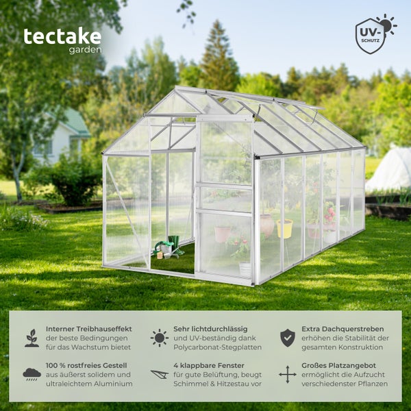 Gewächshaus mit Aluminiumrahmen und Polycarbonatplatten im Garten.
