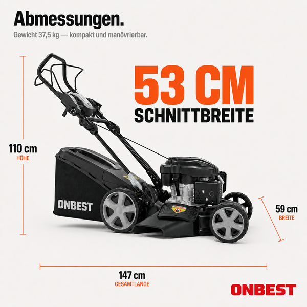 ONBEST Benzinrasenmäher: Schnittbreite 53 Zentimeter, Gesamtlänge 147 Zentimeter, Breite 59 Zentimeter, Höhe 110 Zentimeter, Gewicht 37,5 Kilogramm.