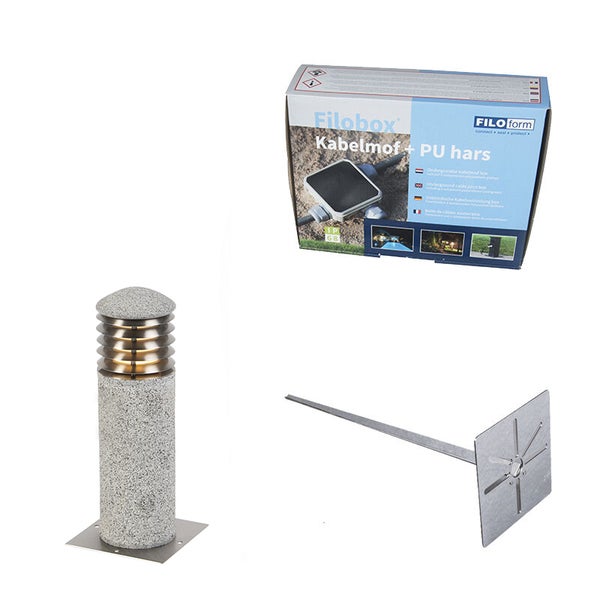 Stein Pollerleuchte mit LED Leuchtelement und Filobox Kabelmuffe mit Polyurethan Gießharz inklusive Bodenbefestigung für die Gartenbeleuchtung