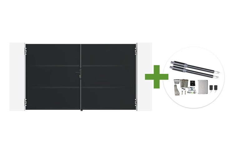Doppelflügeltor mit modernem Design inklusive elektrischem Drehtorantrieb und Fernbedienung für die Einfahrt.