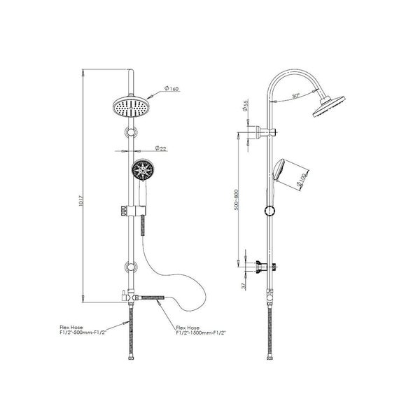 Maßzeichnung eines Duschsystems mit Regendusche, Handbrause und Brausehalterung, inklusive Maßen in Millimeter.