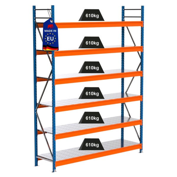 Regal mit fünf Ebenen und einem Anhänger Made in EU, die Traglast beträgt 610 Kilogramm pro Ebene