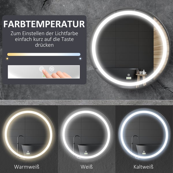 kleankin Badezimmerspiegel, Ø60cm LED Badspiegel mit 3 Lichtfarben, Wandspiegel mit Touch-Funktion, Memory-Funktion, IP44, Schwarz