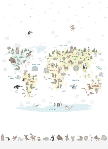 Weltkarte mit Tierdarstellungen für Kinderzimmer