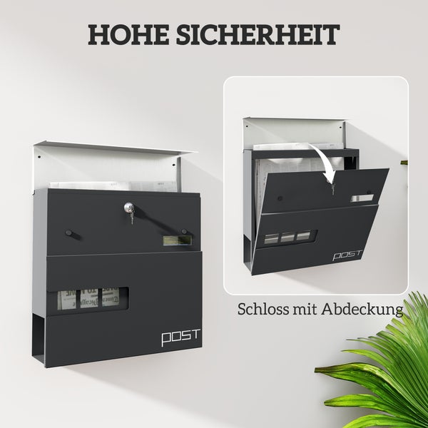 HOMCOM Briefkasten Wandbriefkasten aus Stahl mit Sichtfenster, Schloss, Kupferkern, Postkasten für Outdoor, 37 x 10,5 x 37 cm, Dunkelgrau