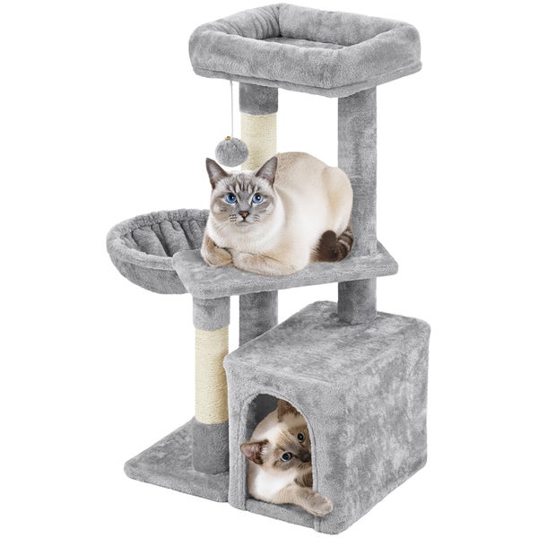 Grauer Kratzbaum mit zwei Katzen