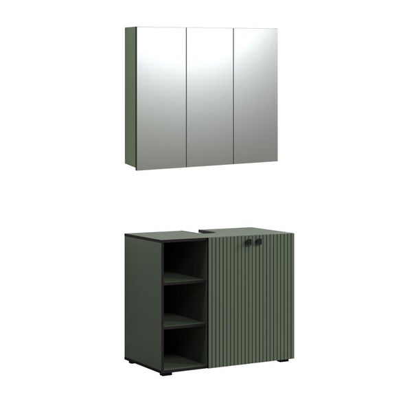 Grünes Badezimmer-Set mit dreitürigem Spiegelschrank und Waschbeckenunterschrank mit offenen Regalfächern und gerillter Front.