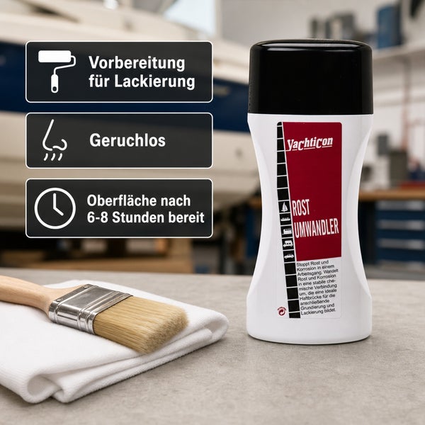 Yachticon Rostumwandler Flasche mit Pinsel und Reinigungstuch, ideal zur Vorbereitung von lackierfähigen Oberflächen, geruchlos und schnellwirkend.