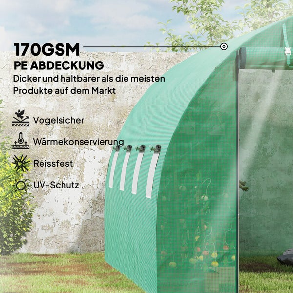 Outsunny Gewächshaus Foliengewächshaus mit 8 Fenster, Rolltür, Aufrollbar Seitenwänden, UV-beständiger Folientunnel, Winterfest Tomatenhaus mit Erdanker, Grün